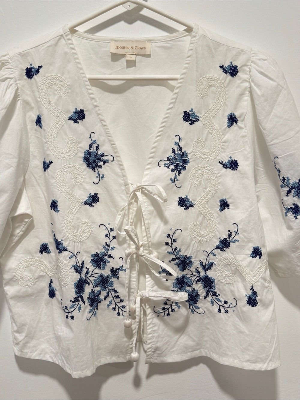 Jennifer & Grace White V-Neck Embroidered Peasant Blouse with Blue Floral Detail - Picture 3 of 8